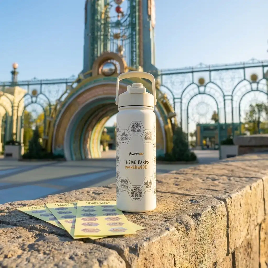 Thunderbottle theme park souvenir water bottle with Disney and Universal stickers